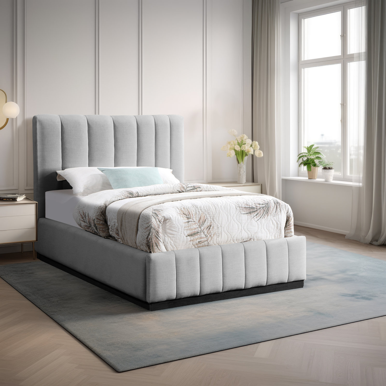 Codyn Upholstered Bed, Grey Linen Textured Fabric, Twin