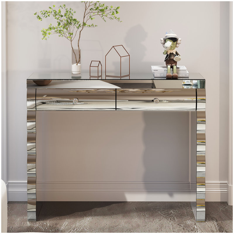 Console à miroir, coiffeuse argentée pour miroir incurvé cuit au four avec 2 tiroirs, table d'appoint décorative en miroir convenant au couloir et au salon, coiffeuse à miroir