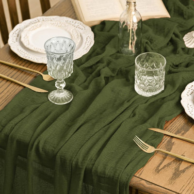 Olive Green 6PCS Boho Gauze Cheesecloth Table Runner 300 cm | Christmas Seasonal Spring Bridal Fabric Kitchen Dining Wedding Holiday Table Decor for Home Party