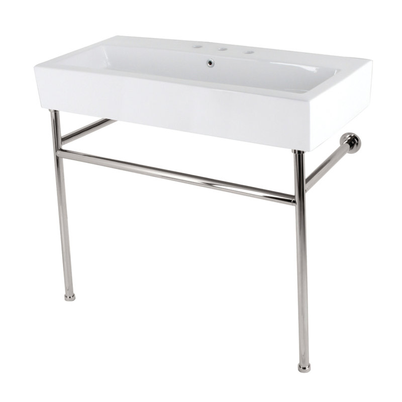 Kingston Brass New Haven 39-Inch Porcelain Console Sink with Stainless Steel Legs (8-Inch, 3-Hole), Polished Nickel