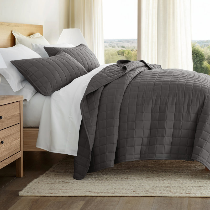 Becky Cameron Square Quilt Set, King/Cal. King Coverlet + 2 King Shams, Gray