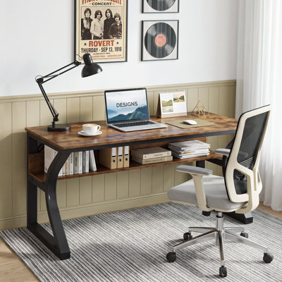 Bureau de 119 cm avec rangement - Structure métallique robuste en forme de U, grand espace pour les jambes, table d'étude marron rustique pour la maison ou un espace de jeu