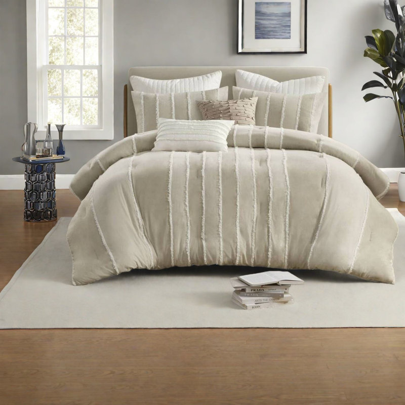 Taupe Cotton Bedding Sets With Striped Modern Design, King Size