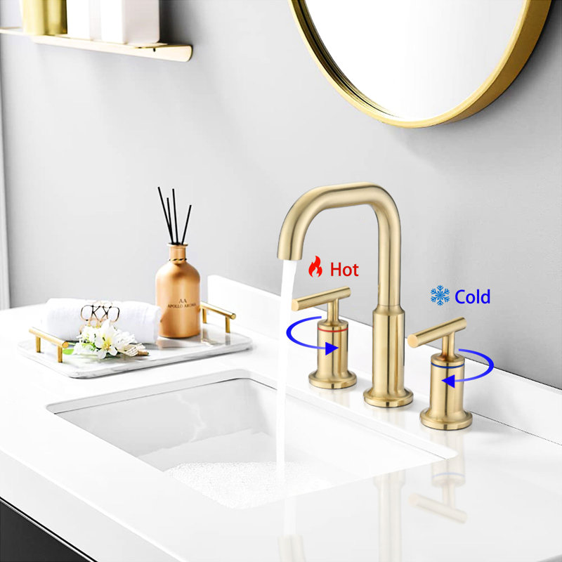 3 Hole Vanity Faucet In Brushed Golden - , , Corrosion, Easy To Control Water Temperature Widespread Bathroom Gold Solid Brass, Drip-, Low Lead, Modern Style And With Handles