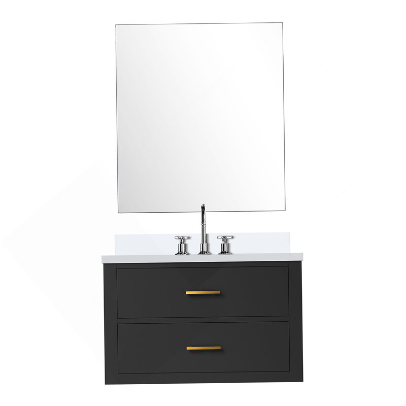 Meuble-lavabo simple 30 po X P 22 po P, comptoir en quartz et Miroir, Doré, Bleu