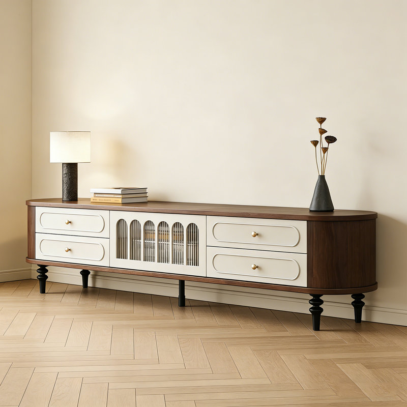 Meuble télé vintage américain haut de gamme, H 20,86 po x L 94,48 po x l 15,74 po, Blanc / noir / brun noisette