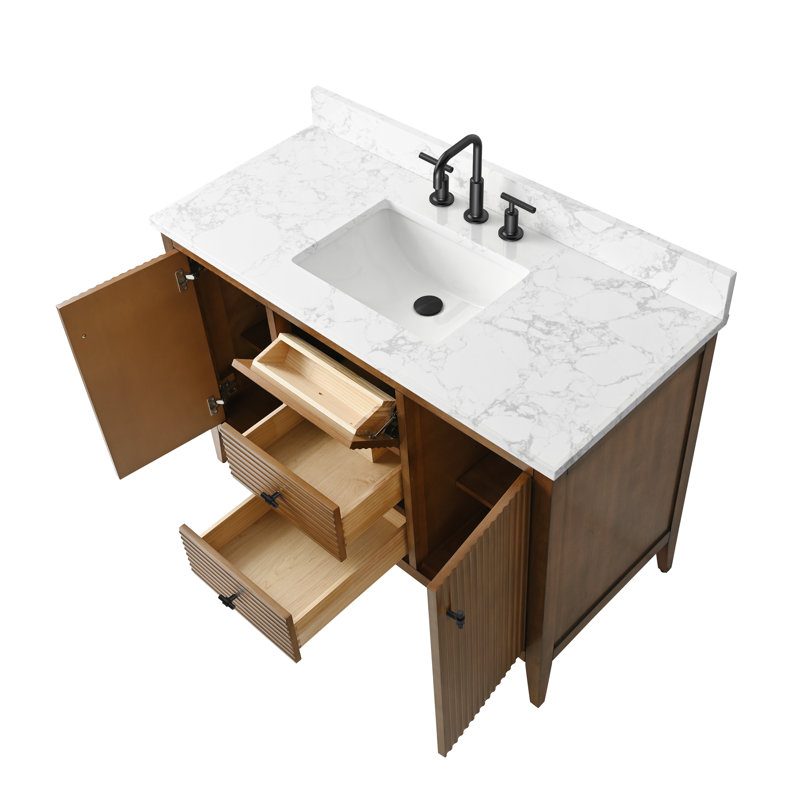 Laval 48" Single Sink Freestanding Bathroom Vanity with Engineered Marble Top, Linear Walnut, Matte Black