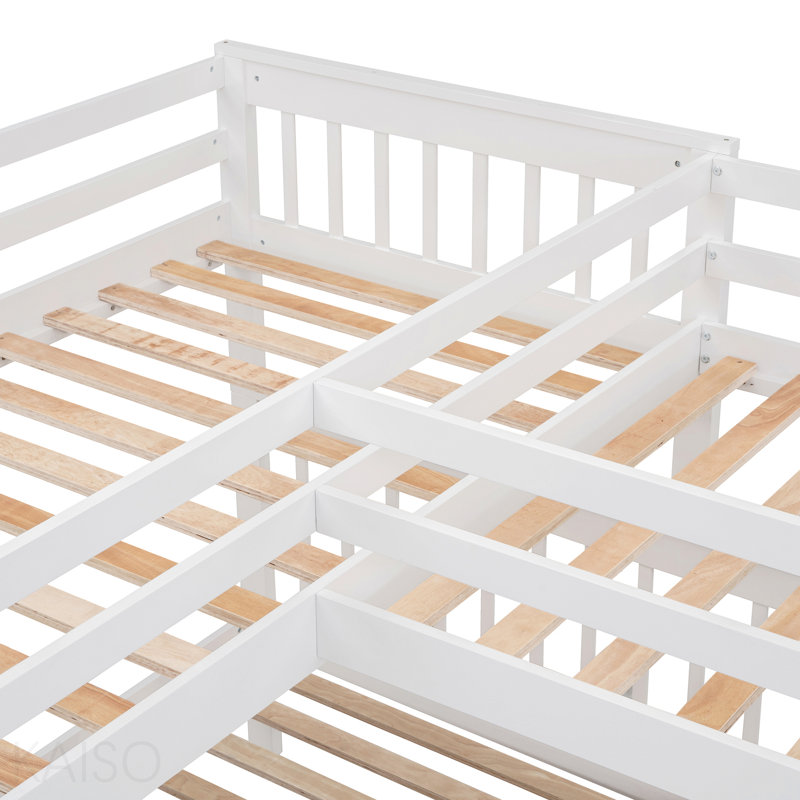 Lit superposé simple au-dessus d'un lit double en L avec 3 tiroirs, bureau portable et garde-robe, blanc