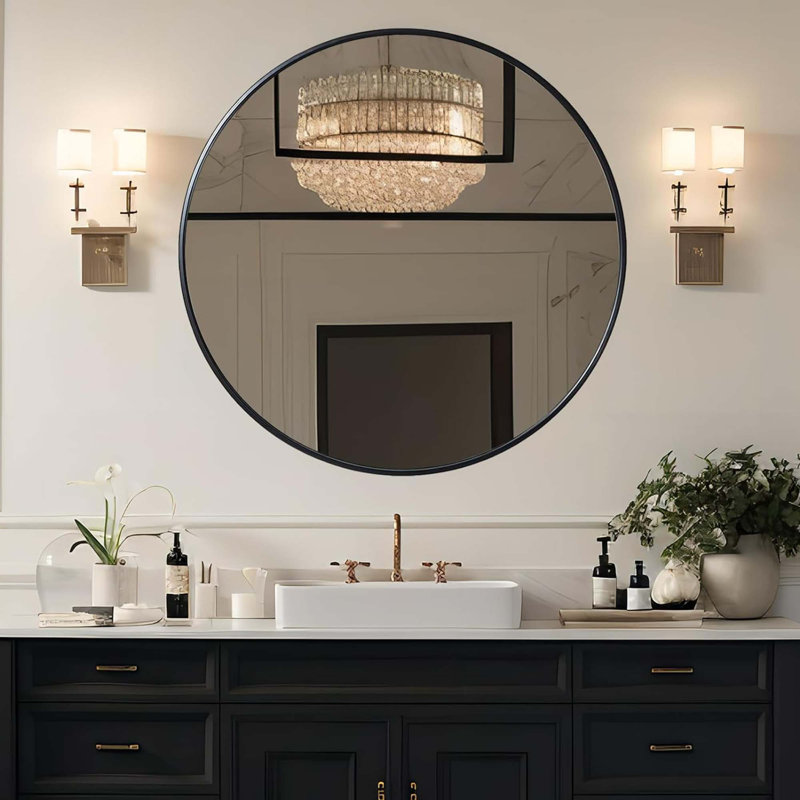 Metal Round Bathroom Mirror, Black, 39" x 39"