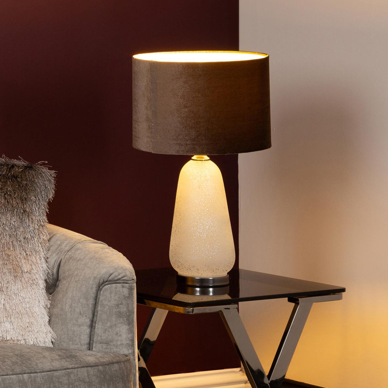 Alfeus 57cm Living Room Table Lamp with Glass Base, Velvet Shade Bedside Buffet Lamp for Bedroom, Mocha, Silver