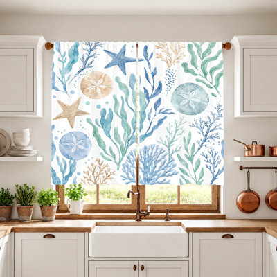 2Pcs Coastal Beach Theme Curtains, Light Filtering Fabric, Starfish Coral Seaweed Print Pattern, Sunshade and Privacy Protection, Rod-Pocket Design, Suitable for Living Room, Bedroom, Balcony, Kitchen Home Decoration