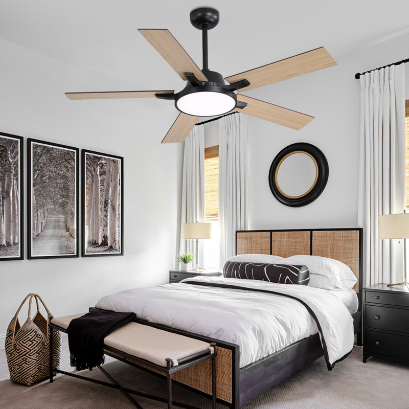 52 Inch Modern Black Ceiling Fan With Light And Remote, Silent DC Motor 6 Speeds Chandelier Ceiling Fan For Bedroom, Black