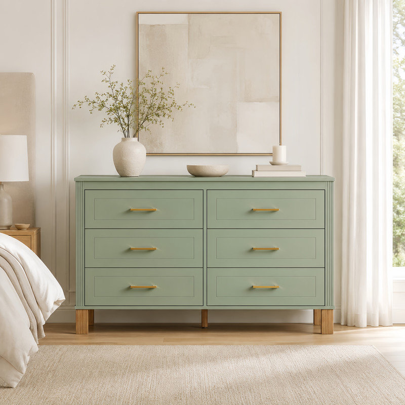 Commode double 6 tiroirs avec poignées en métal et pieds en bois massif, Vert sauge