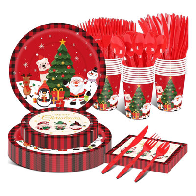 175 PCS large red disposable dinnerware set 25 guest Christmas paper plates napkins holiday party supplies decorations