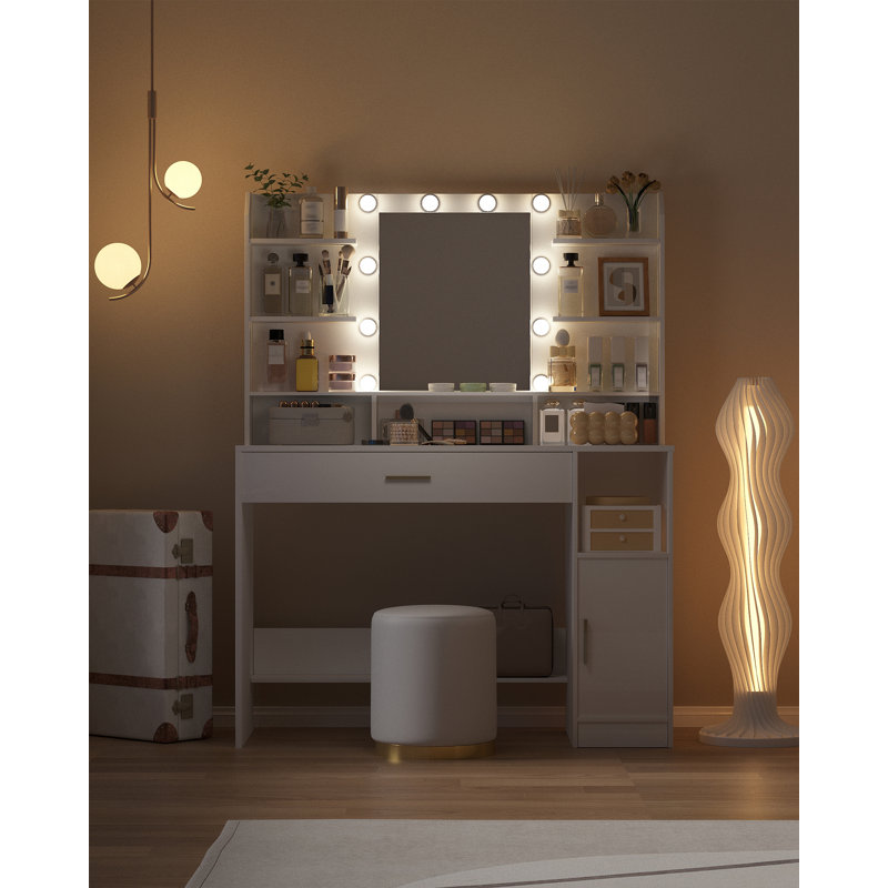 Vanity Desk with Mirror and 10 LED Lights, 3 Levels of Adjustable Brightness, Dresser Table with Hidden and Open Shelves