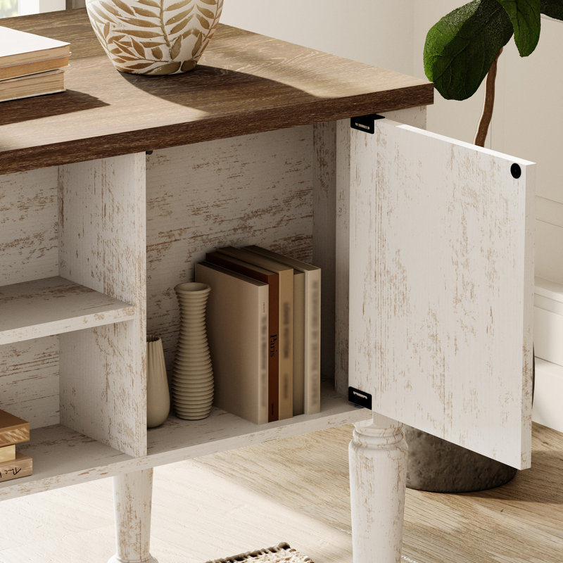 Living Room Table Set 56" Farmhouse Desk & 75" TV Stand With Bookshelves, Home Office Desk With Storage, Wooden Computer Desk With File Drawers For Home Office, Rustic White