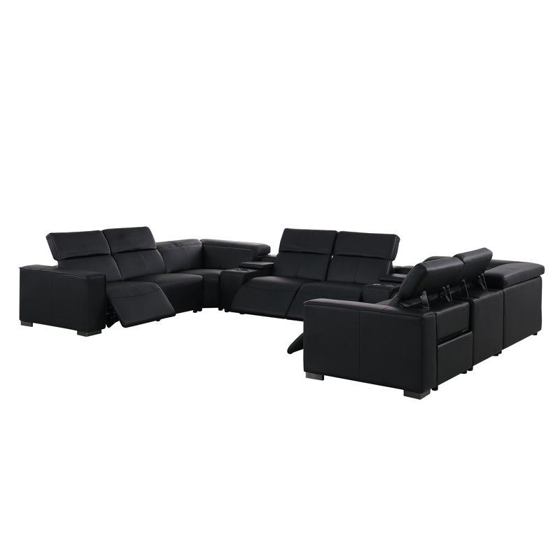 Pasadena Luxurious 10-Piece U-Sectional In Genuine Leather With 4 Power Recliners And Power Headrests, Black