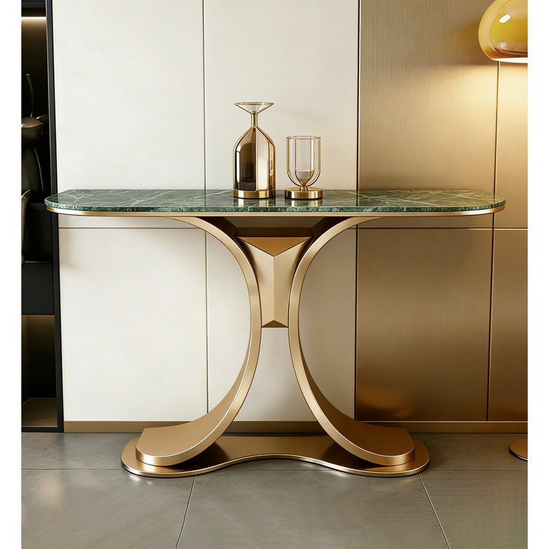 Console luxueuse luxueuse avec plateau en marbre et base en métal doré incurvé Glam, H 31,5 po x l 55,1 po x P 11,8 po