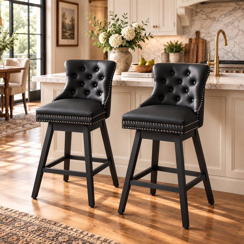 Swivel Bar Stools Set of 2, PU Leather Bar Chairs with Button Tufted Front and Ring Pull Back, 30" Bar Height Stools with Solid Wood Legs for Kitchen Island or Bar, Black