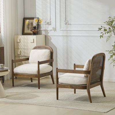 [Ensemble de 2] Chaise d'appoint Mid-Century moderne de 26,6 po avec structure en bois massif au fini brun clair et dossier en rotin, coussin beige, fauteuils confortables pour le salon