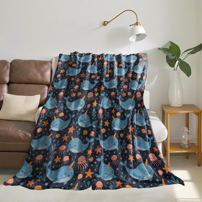 Cute Narwhal Throw Blanket, Gifts for Adults, Blue Narwhal with Starfish and Jellyfish Flannel Blankets for Travel Camping Sofa Living Room Decor, Fuzzy Warm Soft for Women Men Adults 40 in