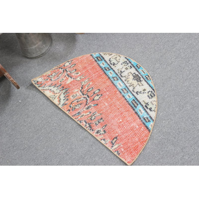 Small Round Vintage Turkish Rug Ideal for Red Kitchen Use Featuring Intricate Tribal Design
