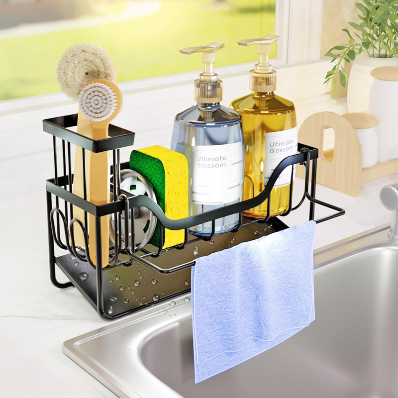 Serviteur de cuisine avec organisateur en acier inoxydable pour éponge, brosse et lavette