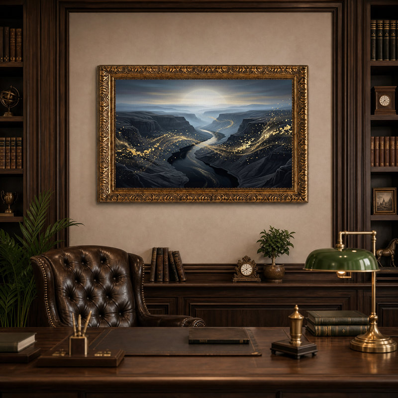 Tableau sur toile représentant une rivière dans un canyon sombre avec des tourbillons de poussière d'or, 16"H x 24"W
