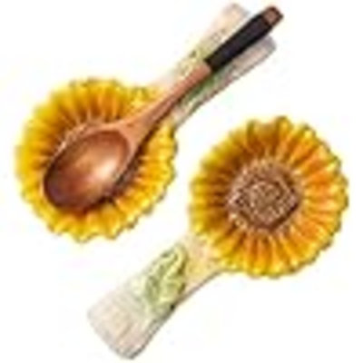 2 Pack Spoon Rest For Stove Top, Sunflower Ceramic Spoon Holder For Kitchen Counter Cooking Utensil Ladle Spatula Holder Cute Spoon Rest Sunflower Kitchen Decor Items House Warming Birthday Gift