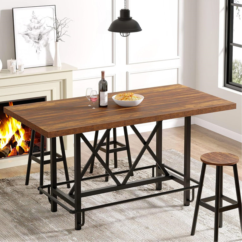 Table de salle à manger à hauteur de comptoir de 63 po pour 6 personnes, table rectangulaire industrielle à hauteur de bar avec structure en métal robuste et repose-pieds, grande table de cuisine rustique brune pour la salle à manger