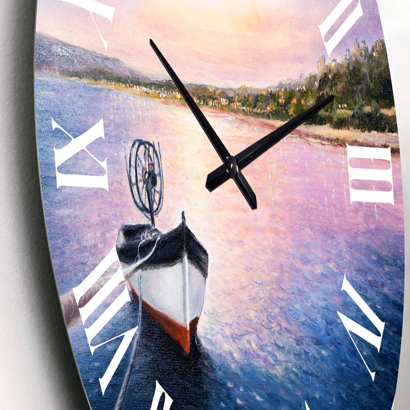 Bateau de pêche en rose et bleu Morning Glow - horloge murale nautique et côtière, Petit