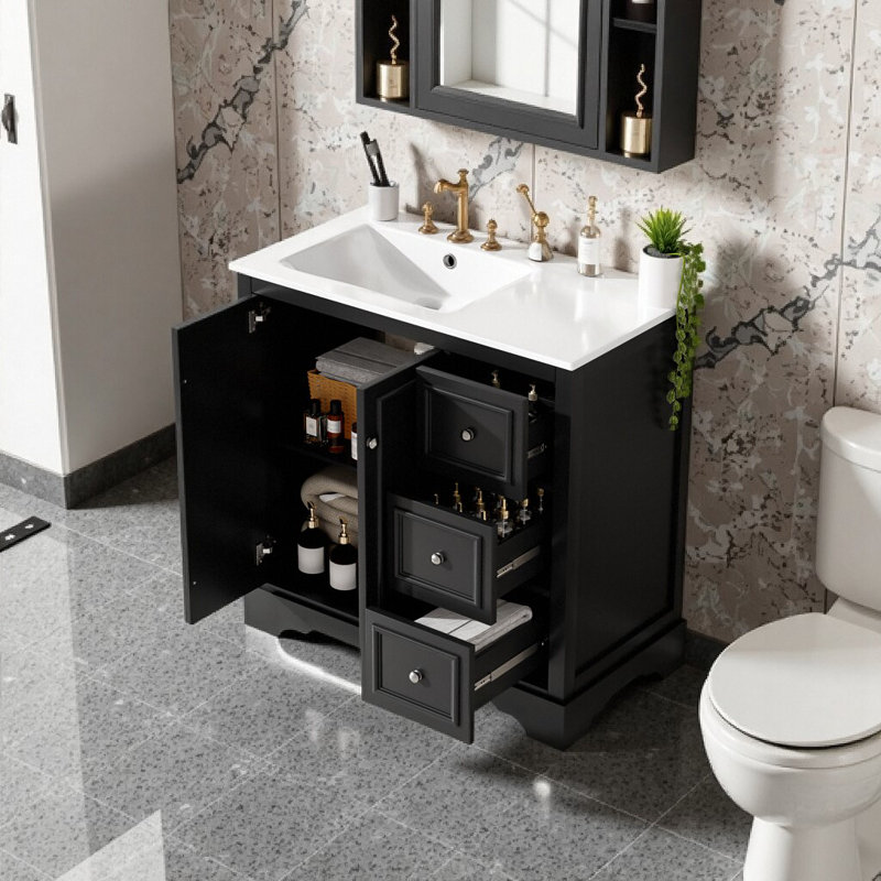 Meuble-lavabo transitionnel élégant et spacieux de 36 po avec lavabo en céramique | Tiroirs et rangement spacieux | Portes et charnières à fermeture en douceur