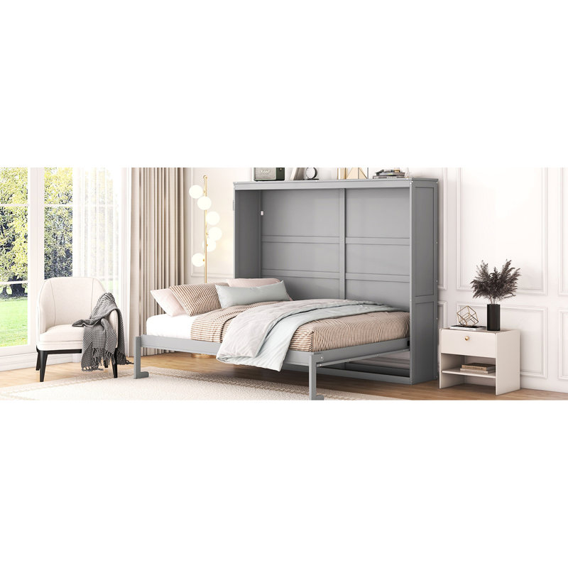 Grand lit mural gris, solution peu encombrante pour les petits appartements et les bureaux, lattes profilées parfaites, espaces compacts, mécanisme de pliage à deux pistons