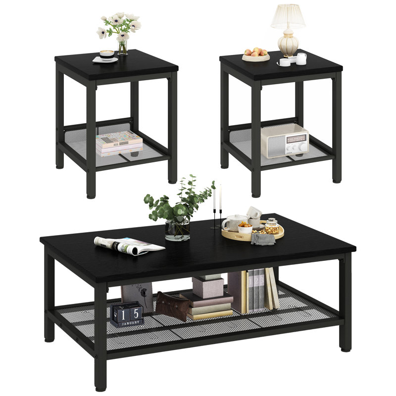 A Lightweight And Portable Coffee Table Set Of Three Pieces, With A Wood-grain Tabletop And A Black Metal Structure,unique Mesh Design For Storage Space, Simple Living Room Table Set With An Extremely High Cost Performance