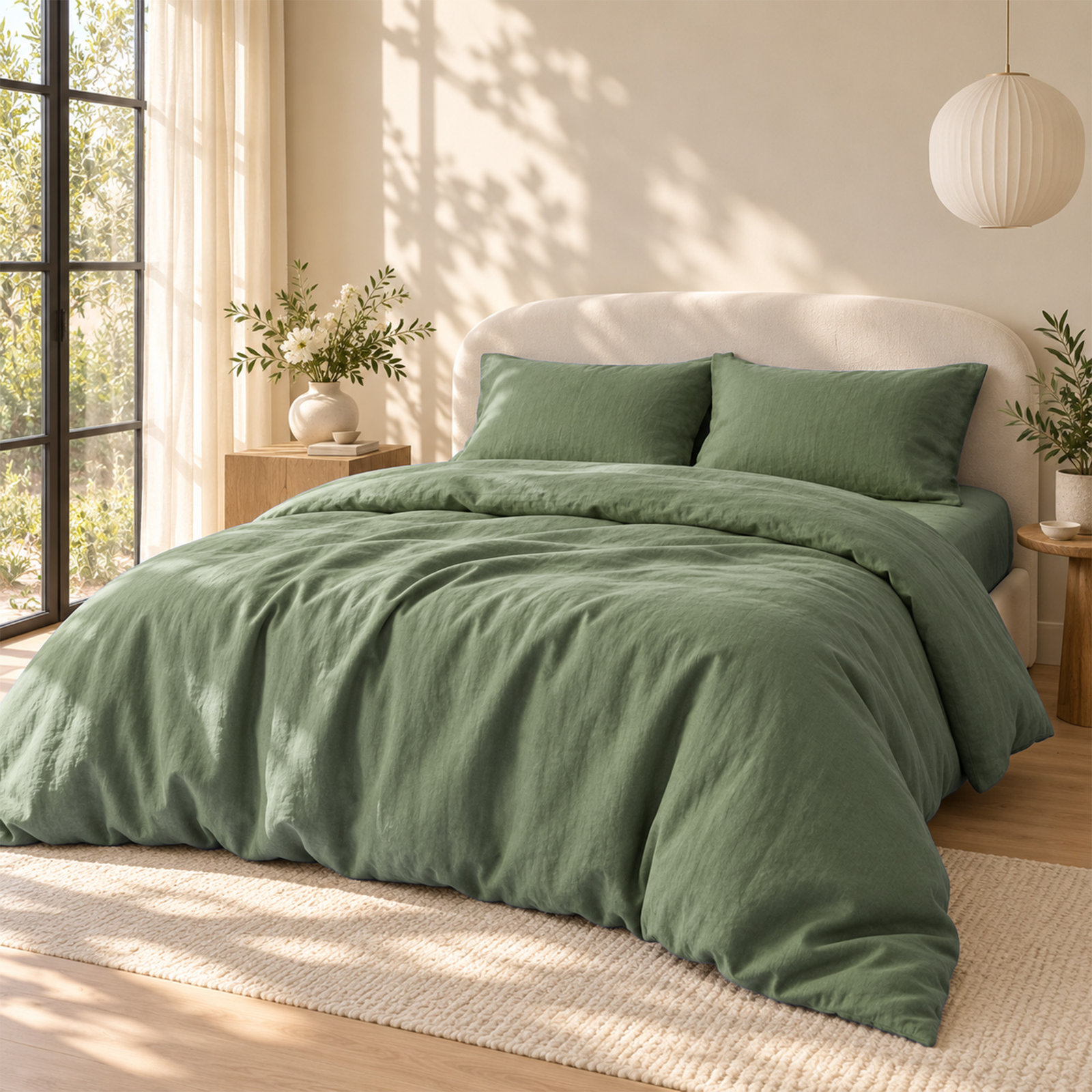 Clara 100% French Linen Duvet Cover Set with Shams, King, Olive Green