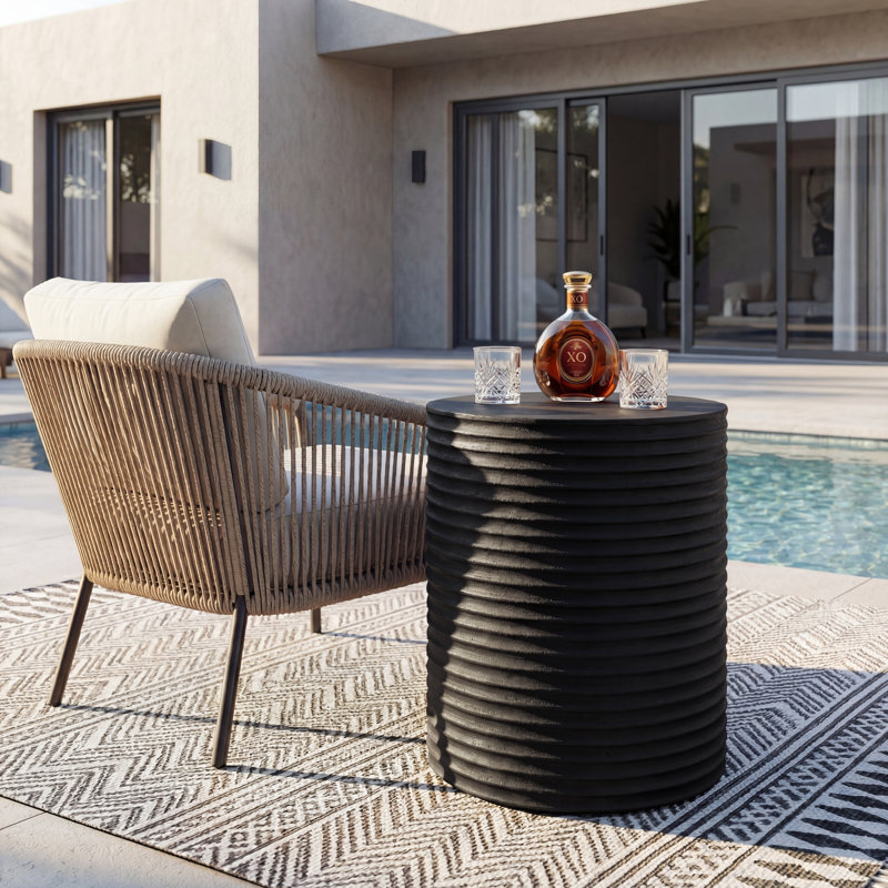 Cylindrical Round Side Table Stone Shape Magnesium Oxide Sofa Table 35x35x44cm, Black