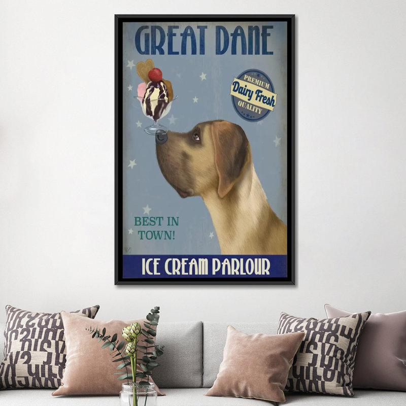 Fab Funky " Great Dane, Tan, Ice Cream " by Fab Funky, Black Framed Canvas, 26" H x 18" W x 1.5" D, No Mat