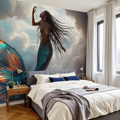 Peel and Stick Wallpaper 96" W x 69" H Modern Self Adhesive Wall Mural for Bedroom Mermaid Goddess Beautiful Braids Fish Tail Bathing Clouds