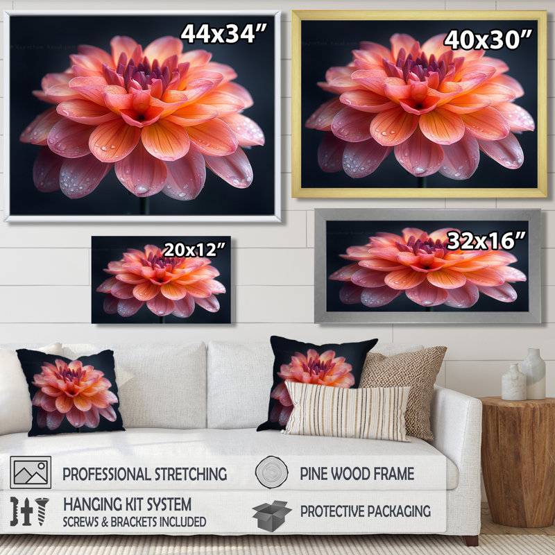 Photo de souci rose rose et orange chaud - souci mural, H 12 po x l 20 po, Cadre simple noir, bois massif