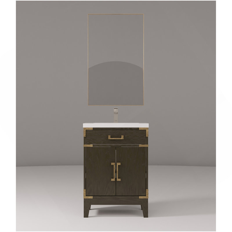Meuble-lavabo simple en chêne brun 24 po X P 18 po D, comptoir en acrylique, 18 po Ensemble miroir et robinet, Chêne brun