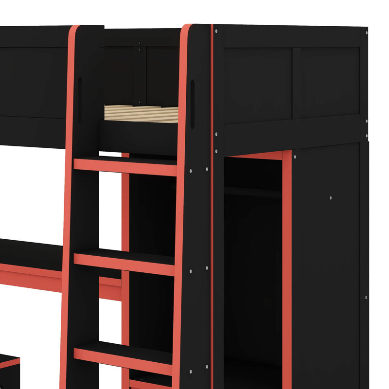 Wood Twin Size Gaming Loft Bed With Built-In Desk, Wardrobe, LED And A Drawer, Twin
