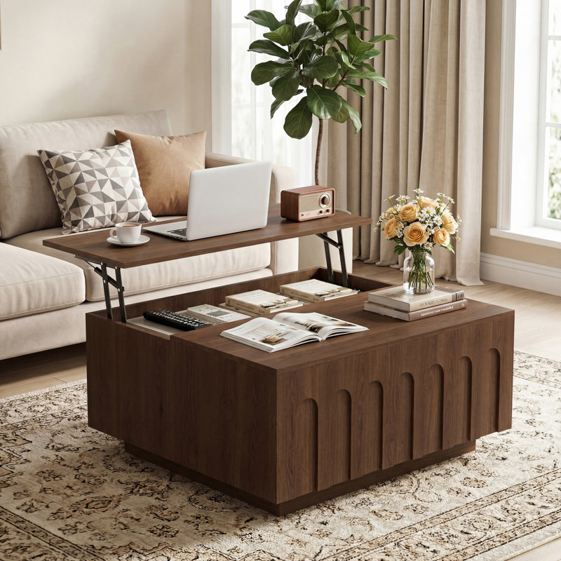 Table basse à plateau relevable de 31,5 po avec rangement, table basse moderne en bois de style Mid-Century avec grand rangement caché et conception arquée, table centrale carrée avec plateau relevable pour salon, bureau, brun