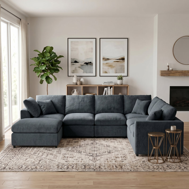 Très grand canapé modulaire à 7 places de 124,8 po | Design en L et repose-pieds mobile | Chenille de qualité supérieure: confort semblable au velours | Structure en bois de pin massif pour le bureau du salon | Espace spacieux