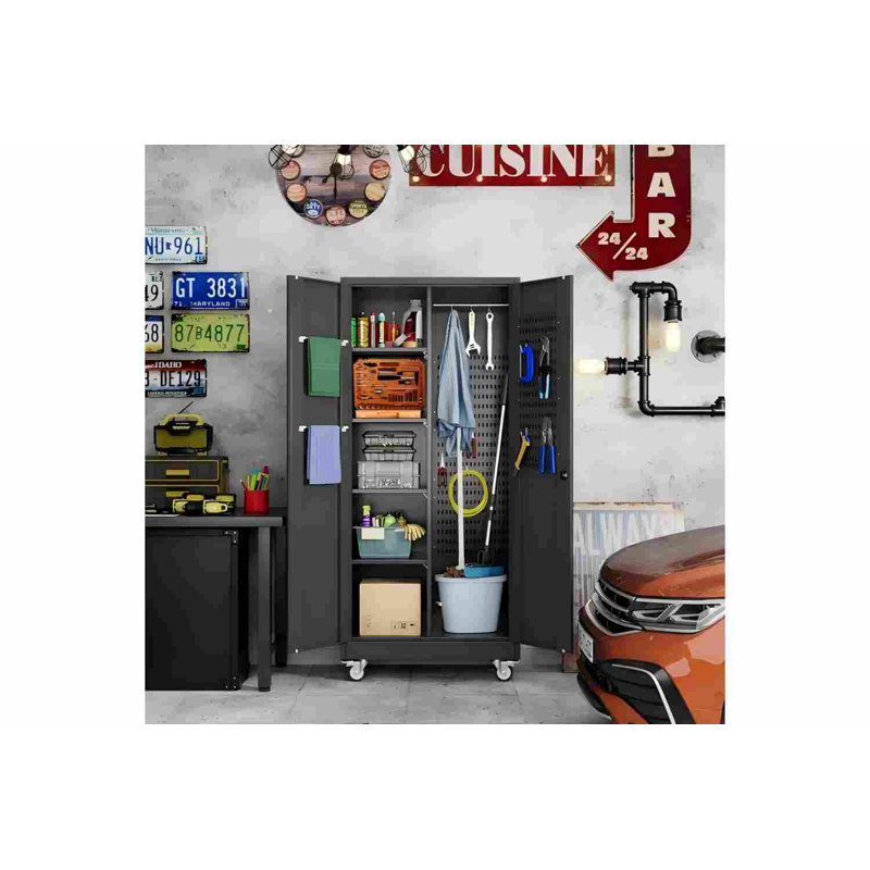 Broom Closet Storage Cabinet with Wheels and Pegboard,Metal Garage Storage Cabinet with Doors and Adjustable Shelves for Garage Home,Required Assembly,Black
