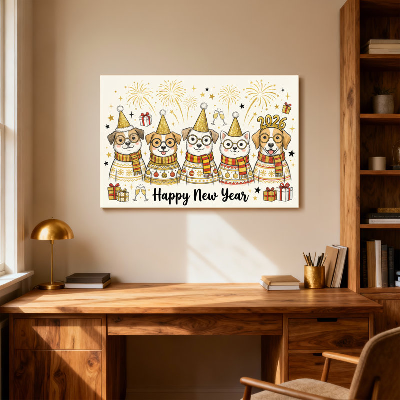 Animaux, bonne année, chiens avec feux d'artifice, H 12 po x l 18 po