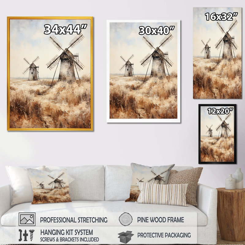 «Vintage Windmill Sepia View II - Wind Turbines», art mural, Cadre flottant noir, 20" H x 12" W