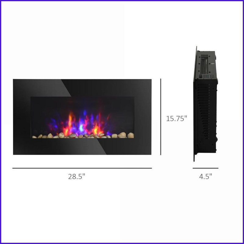 Electric Wall-Mounted Fireplace, 28.5" 1500W with Flame Effect &amp; 7 Color LED | Black | Tempered Glass