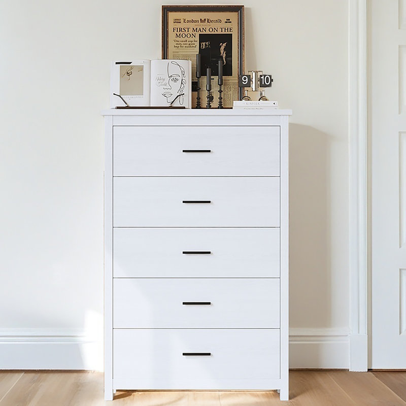 Commode en bois rétro avec 5 tiroirs, armoire de rangement pour la chambre à coucher, blanc