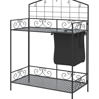Metal Garden Potting Desk With Folding Quality, Built-In Bag & Cover, 5 Hooks And Shelf, Ergonomic For Hassle- Planting, Black Portable Workstation, Bench Storage Soil Bag, Easy Gardening,