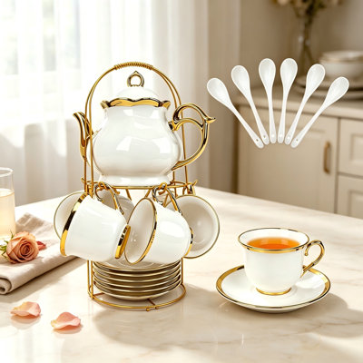Service à thé 20 pièces en porcelaine avec support en métal, cadeau pour ensemble de thé pour adulte, grand ensemble de thé en céramique européen pour adultes, ensemble de soucoupe à tasse à fleurs pour fête avec garniture dorée (blanc français / 1 100 ml)